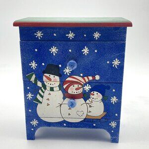 Christmas Winter Snowman Jewelry‎ Box Trinket Storage 2 Drawer Wood Chest Blue